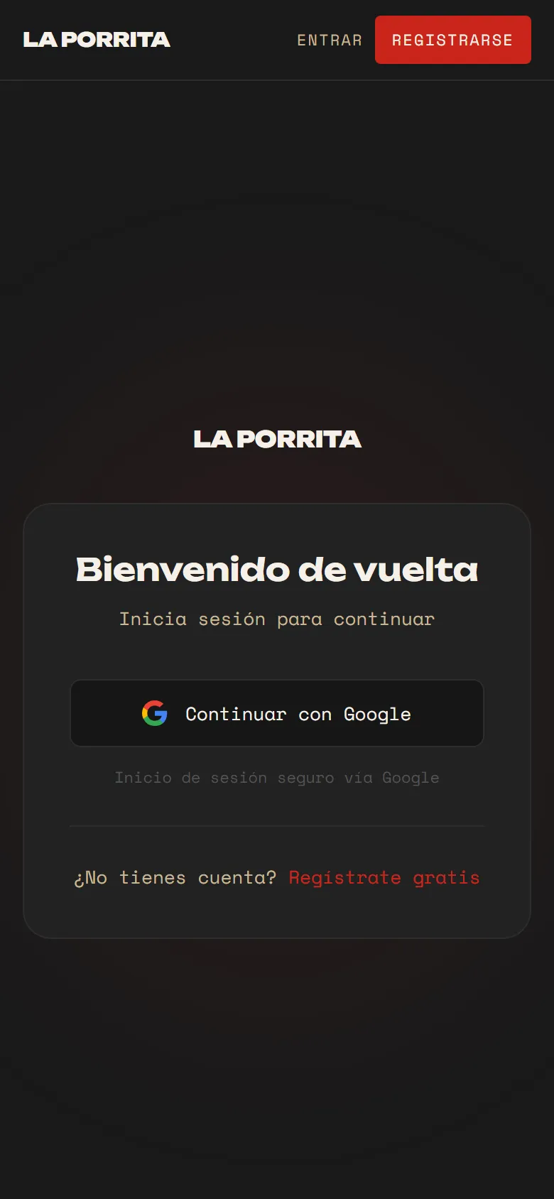 Pantalla de acceso de La Porrita en un teléfono, con el botón «Continuar con Google».